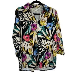 Sunny Leigh Black Floral 3/4 Sleeve Blouse Womens S Casual Fall Classic Tropical